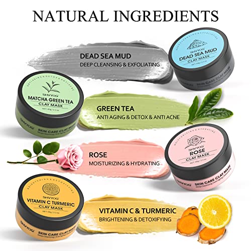 SHVYOG TonFace Mask Kit Face Masks Vitamin C Mask Set with Turmeric Dead Sea Clay Mask Green Tea Mask Rose Sound Mask for Deep Cleansing Oil Control and Pore Strengthening 240g