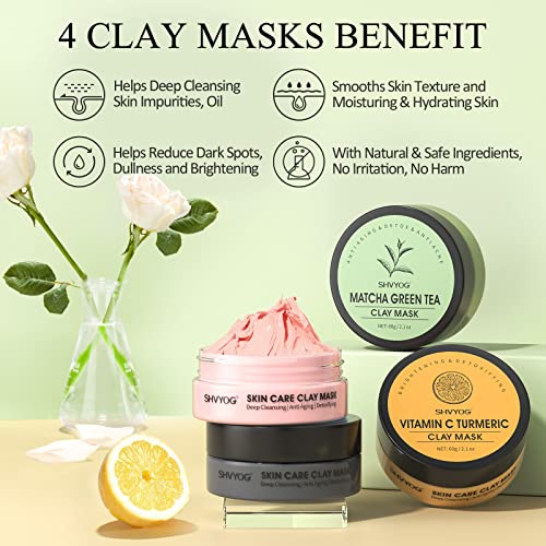 SHVYOG TonFace Mask Kit Face Masks Vitamin C Mask Set with Turmeric Dead Sea Clay Mask Green Tea Mask Rose Sound Mask for Deep Cleansing Oil Control and Pore Strengthening 240g